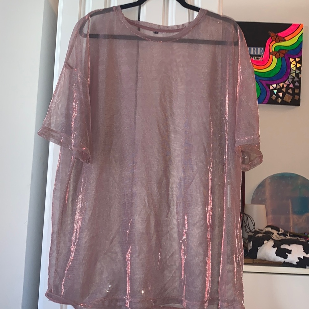 Pink and Red Metallic Mesh Tee
